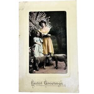 1909 Antique Postcard Easter Greetings Mother & Daughter & Lambs Posted
